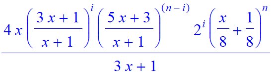 4/(3*x+1)*x*((3*x+1)/(x+1))^i*((5*x+3)/(x+1))^(n-i)*2^i*(1/8*x+1/8)^n