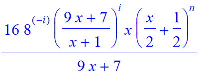 16*8^(-i)*((9*x+7)/(x+1))^i/(9*x+7)*x*(1/2*x+1/2)^n